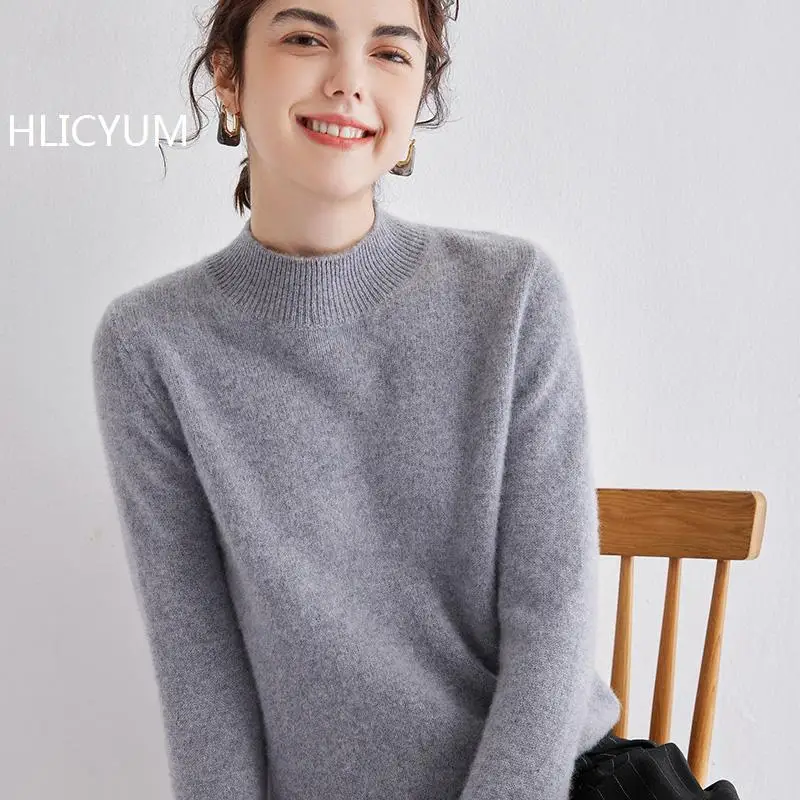 

Autumn/Winter Cashmere Sweater Women's Casual Solid Color Thick Knitted Loose Wool Tops Half High Collar Jumper Basic Set Blouse