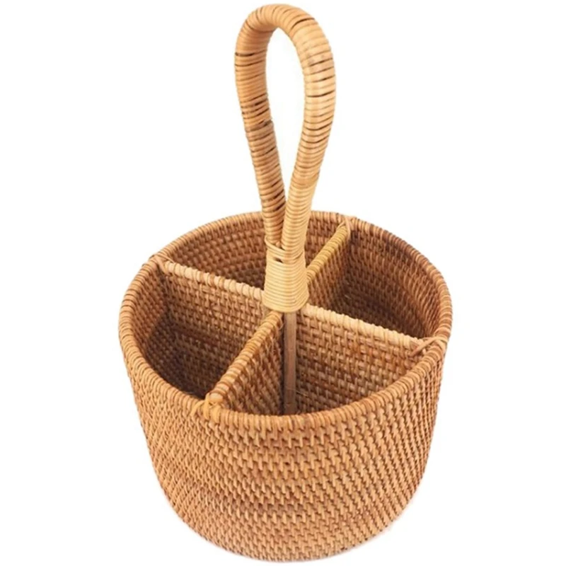 Hand-Woven Rattan Storage Basket Portable Round Four Compartment Storage Fruit Basket Fruit Basket Straw Gourmet Orchard Storage