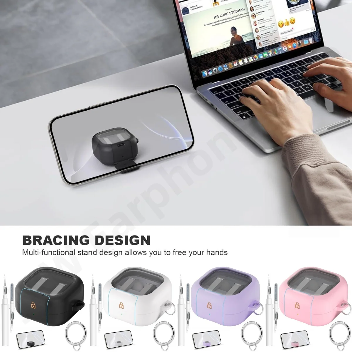 Case for Samsung Galaxy Buds 4Pro (2026) with Safety Lock Phone Holder Function with Keychain for Galaxy Buds 4 Case Accessories