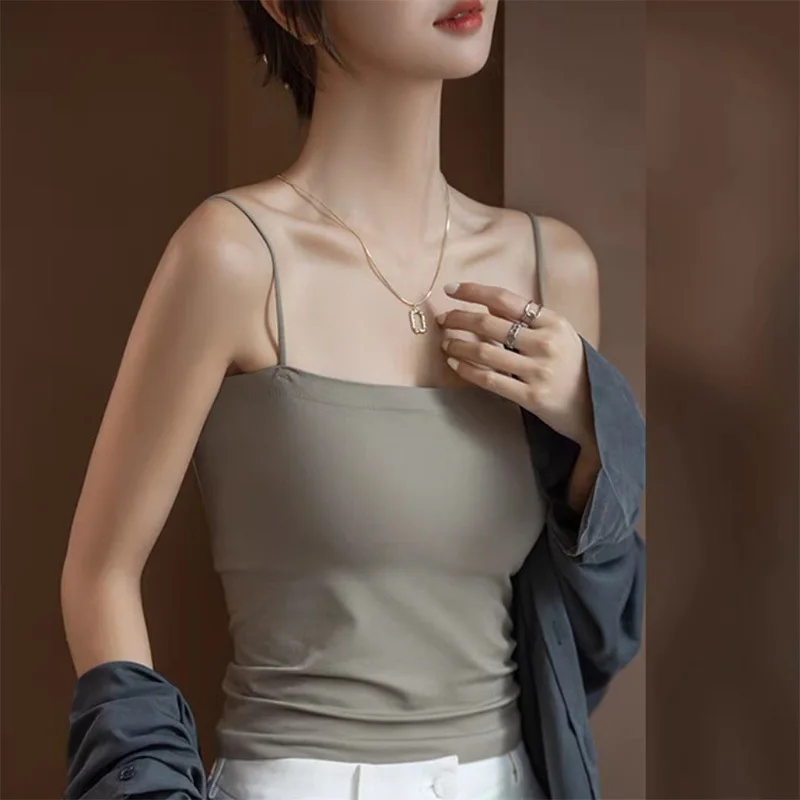 Women's Integrated Camisole Vest with Chest Pad Small Strap Outerwear Base Shirt Inner Match Commute Style Short Type