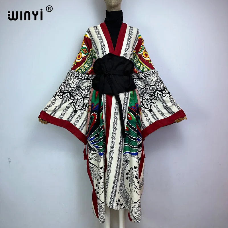 WINYI 2022 kobiety kimono moda w stylu Vintage Totem kwiatowy kaftan drukuj talia seal koszula Midi sukienka z długim rękawem Casual Slim Vestidos