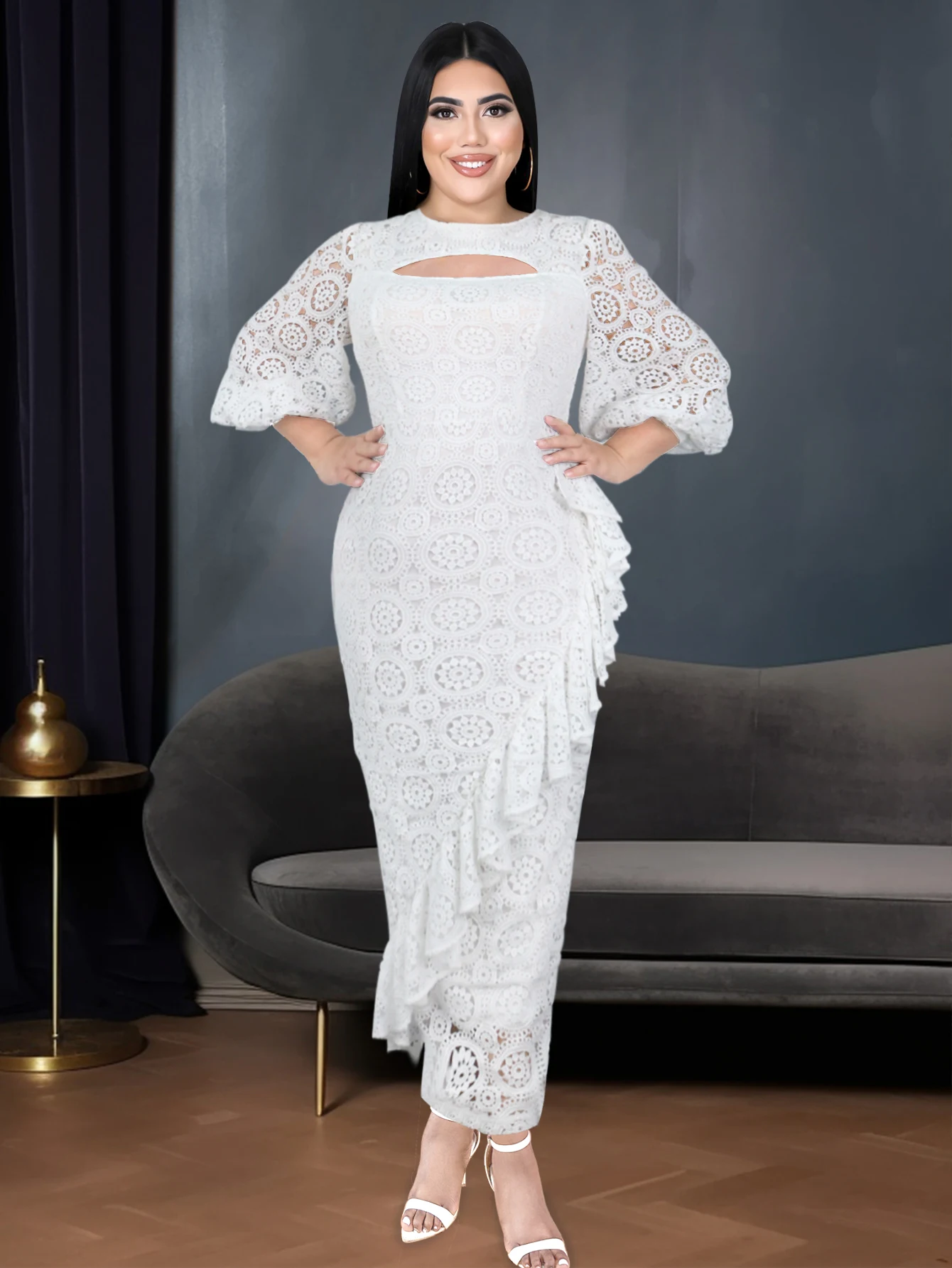 Women\'s Party Dress 2024 Fashion White Lace Crew Neck Lantern Sleeve Ruffles Long Slim Formal Wedding Guest Prom Gowns Plus Size