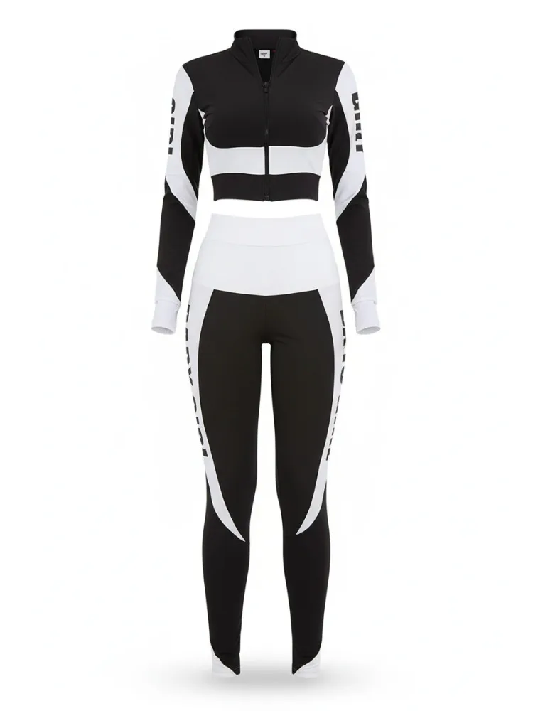 

Gymdolphins Women's Color Block Skinny Two-piece Suit Zippered Jacket & High Waist Leggings Sports Wear Fitness Suit Pant Sets