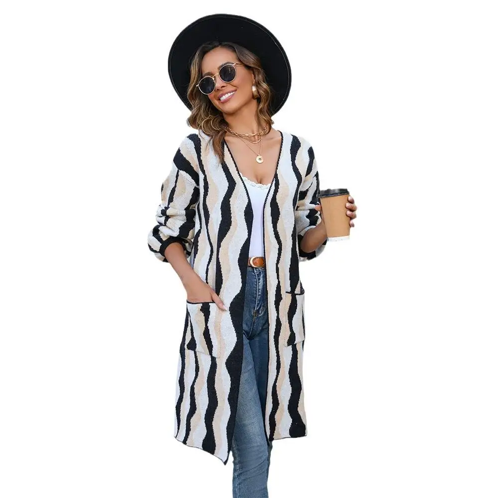 

Long Knitted Cardigan Women's Spring Faion Patchwork Sweater Coat with ket Cross-Border New Sle 2025 Spring Clothes