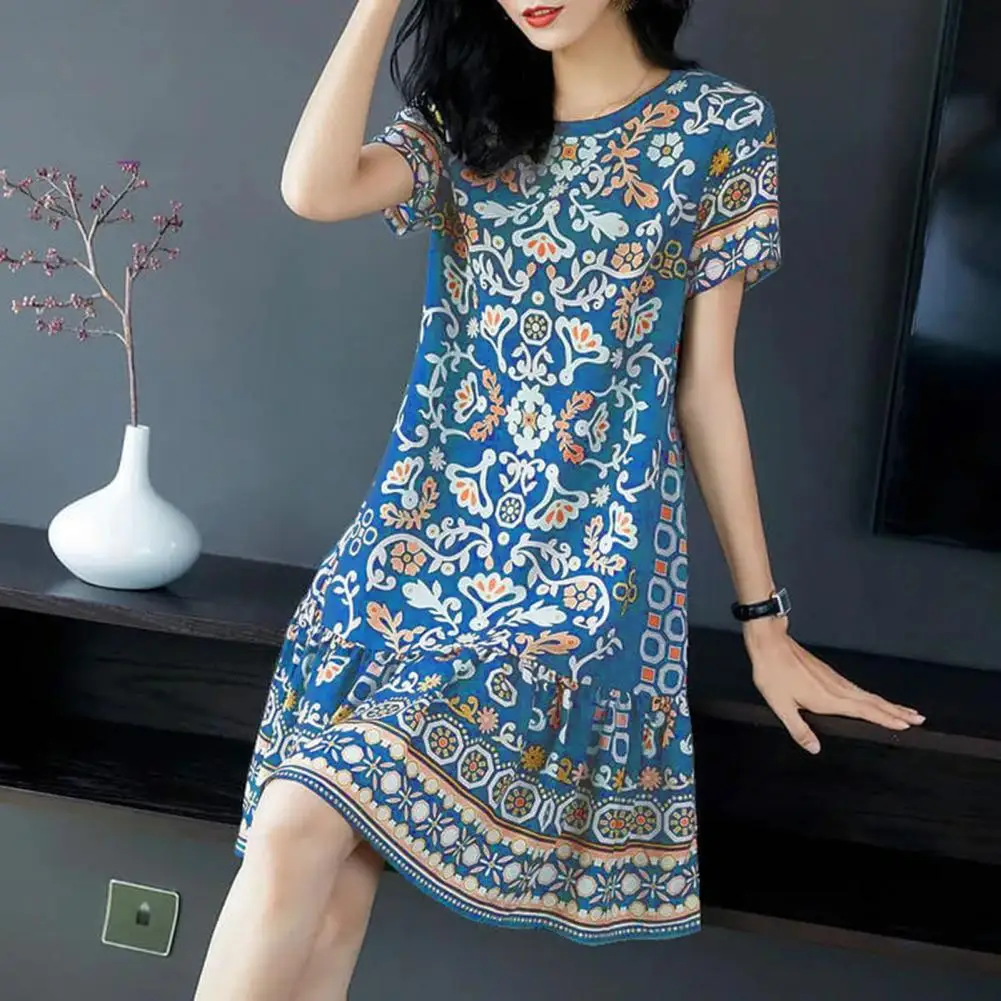 Loose Fit Dress Stylish Retro Print Midi Dresses for Women Round Neck Half Sleeves A-line Big Hem Knee Length Wear Plus Size