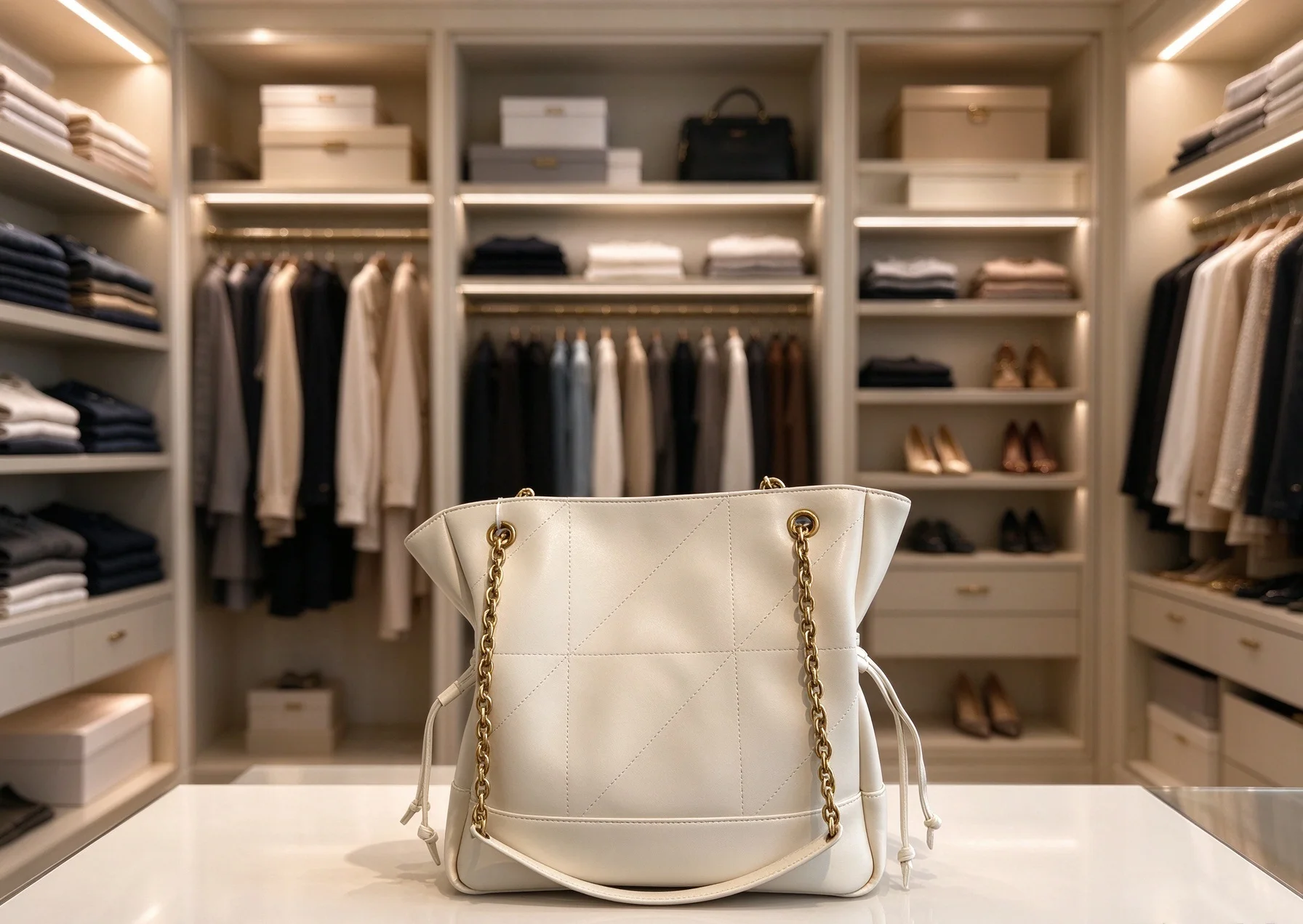 Minimalist Elegant Style Off‑white Diamond‑stitching Bucket Bag Chain‑strap Daily Work Handbag