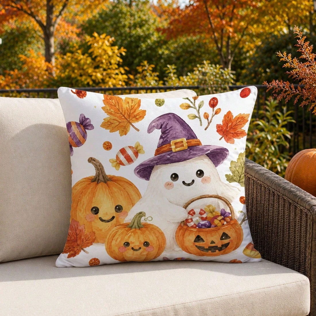 Halloween Fall Pillow Cover Set, Cute Ghost Black Cat Pumpkin Maple Leaf Sunflower Candy Print Cushion Case Home Decor
