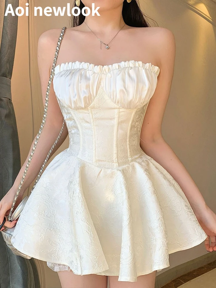 Aoi Women's Runway Fashion Spring Summer Sexy Y2k Strapless Backless Lace Jacquard Dress Female High Waist Chic Party clothing