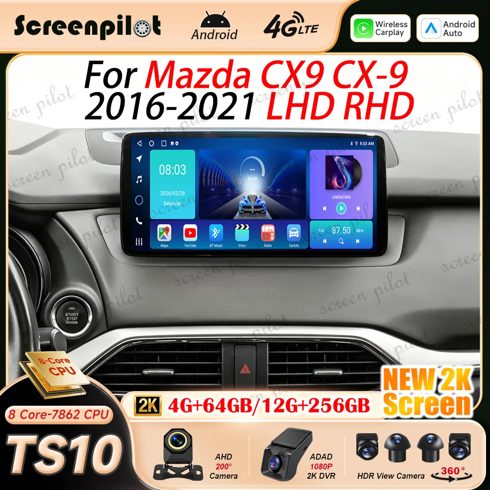 12.3'' Android 16 Car Radio Stereo For Mazda CX9 CX-9 2016 2017 2018-2021 LHD RHD Multimidia Player GPS Carplay Android Auto RDS