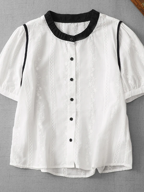 

Embroidered Casual Shirt Summer 2026 Anti-Aging Large Size Women's Fashion Color Block round Neck Short Sleeve Versatile Open...