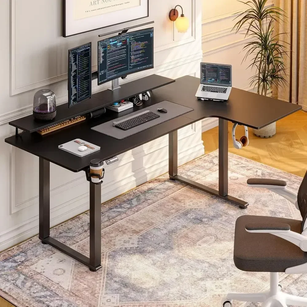 71x43 L-Shaped Electric Desk with Dual Motor, 2 Monitor Shelves, Adjustable Height 28-46 for Gaming and Office