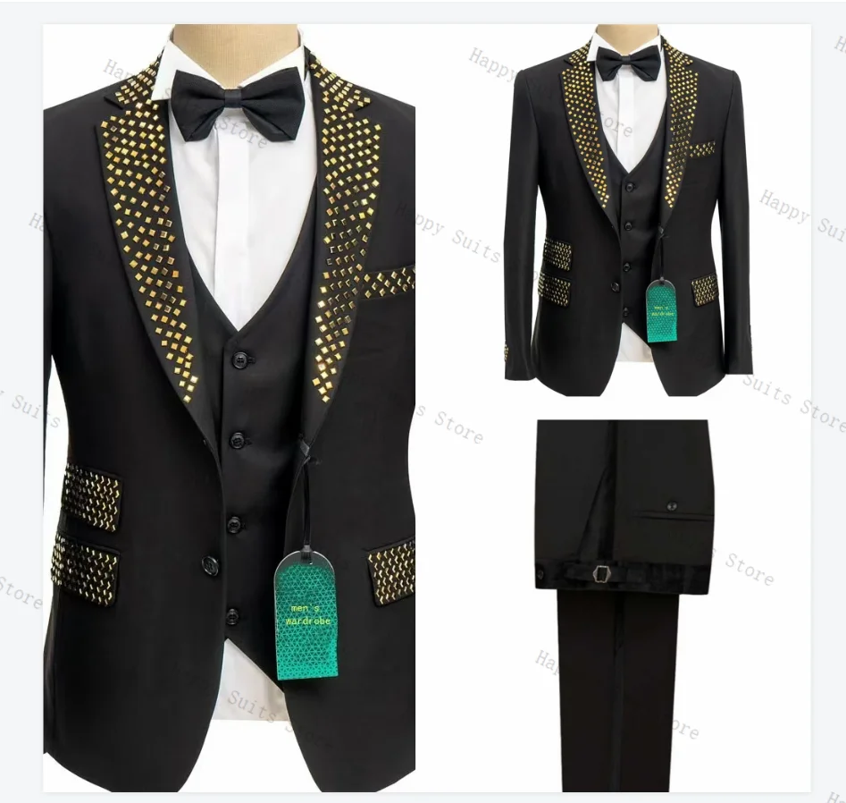 

Black Men Suit Set 3 Pcs Blazer+Vest+Pants Trousers Formal Office Coat Gold Crystals Groom Wedding Tuxedo Customized Jacket