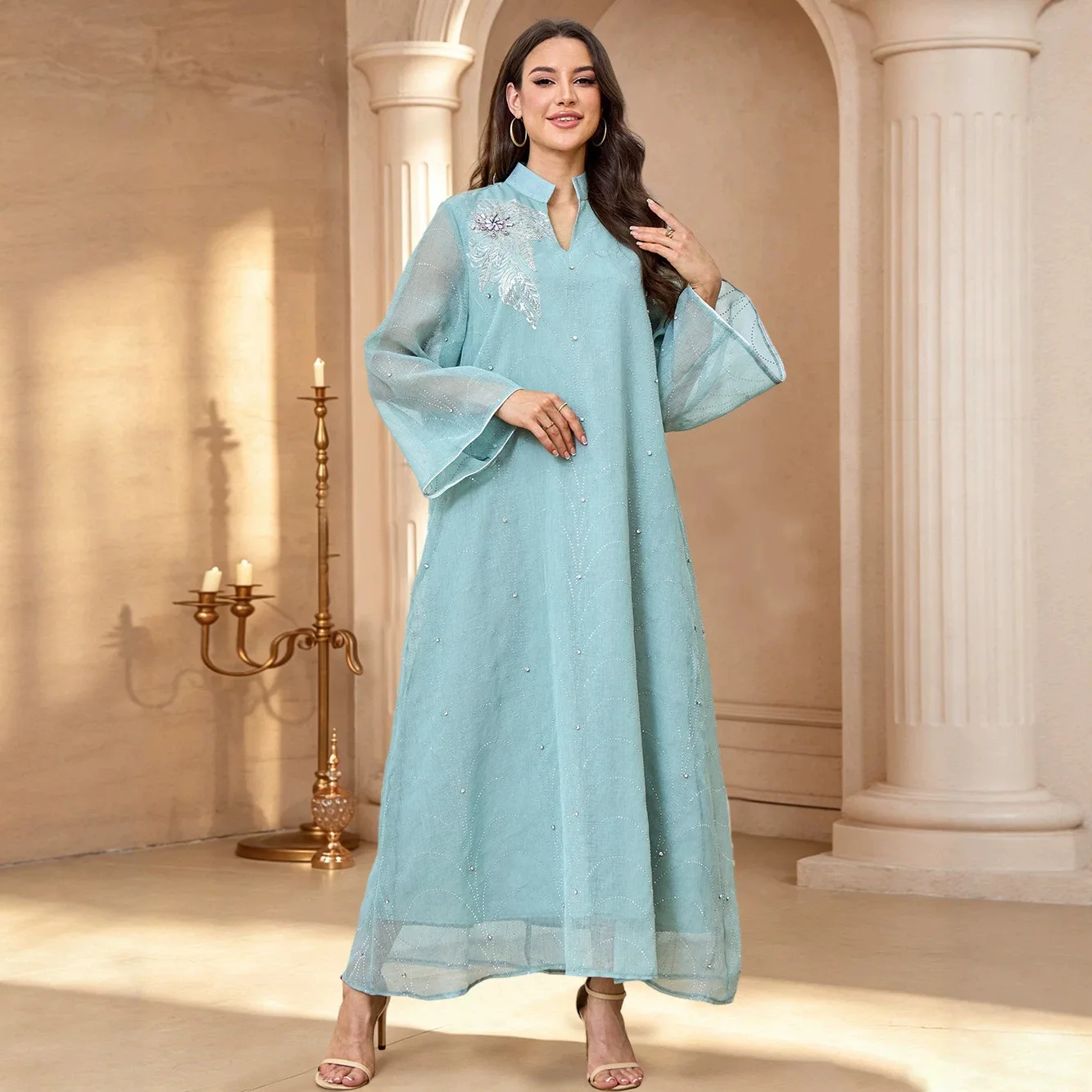 Sparkly Beading V-neck Long Sleeve Elegant Luxury Daily Dress Abaya for Women Turkey Muslim Fashion Female Casual Abaya Clothes