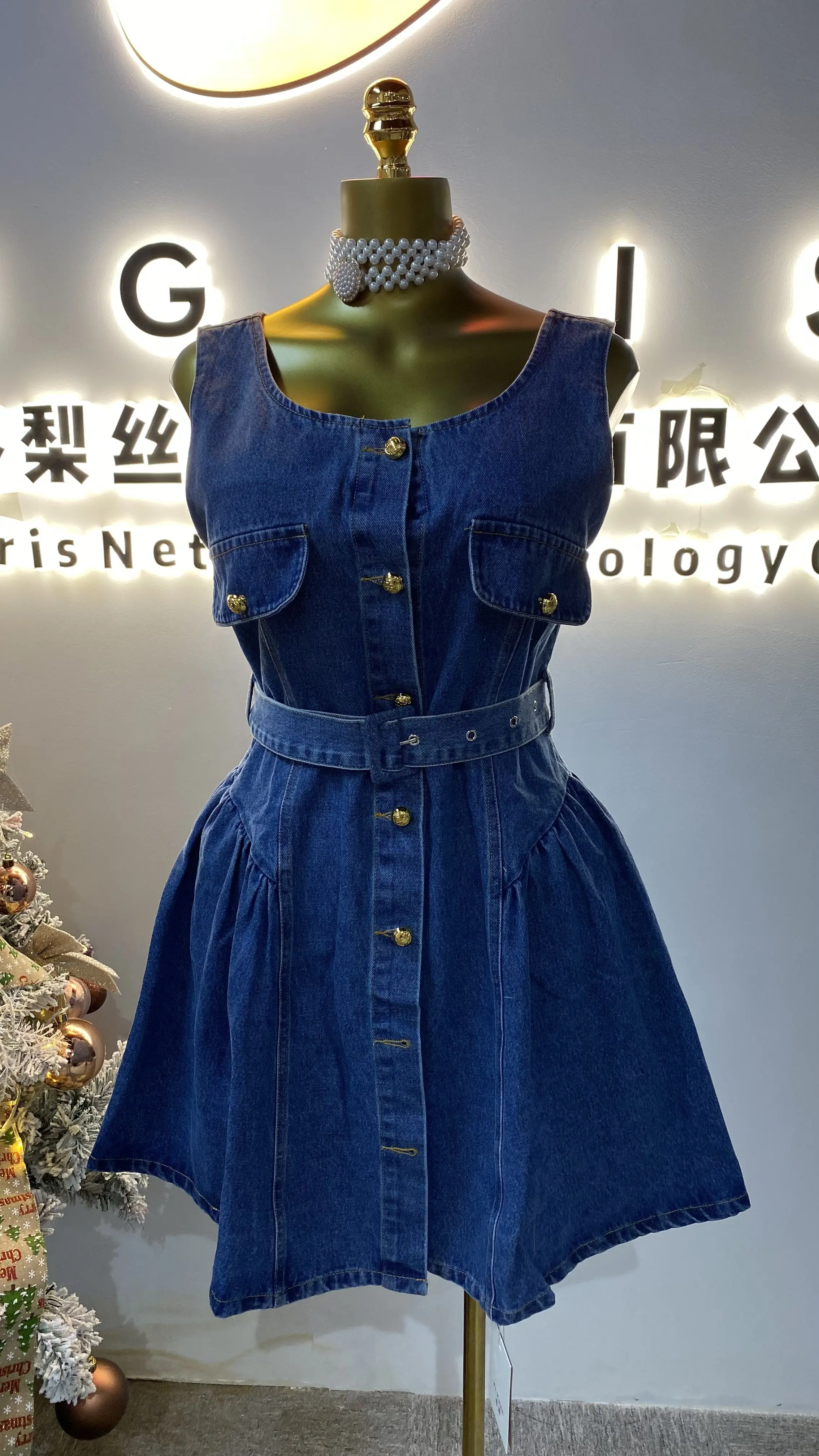 

New style splicing lace-up denim short skirt women's O-neck sleeveless high waist splicing button blue dress-GZMM431