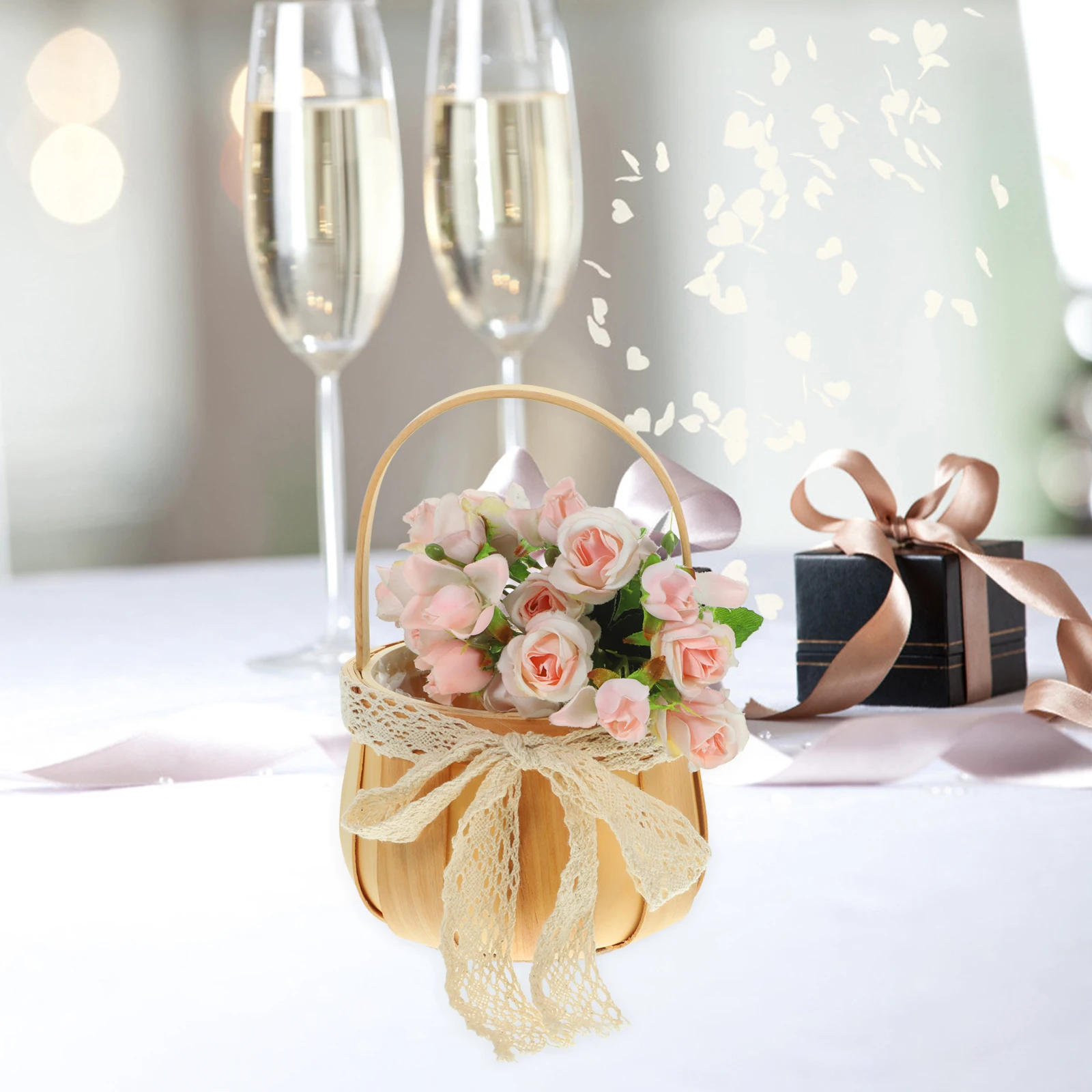 

Lace Wooden Flower Baskets Round Woven Storage ganizer Vintage Decorative Basket Wedding Flower Holder Portable Small Size
