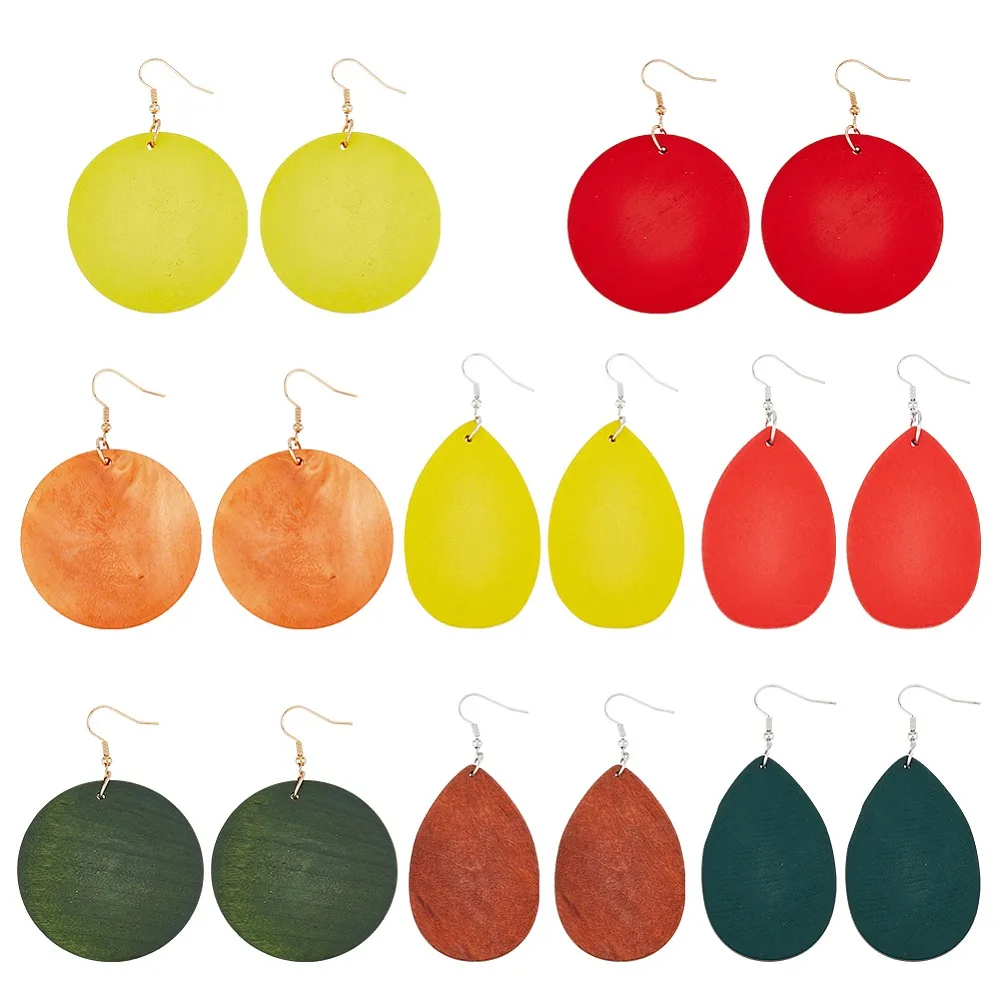 8 Pares de Pendientes Colgantes de Madera Planos, Redondos y en Forma de Lágrima, de 8 Estilos, Joyería de Hierro Dorado para Mujer, Colores Surtidos, 78~87mm, Pin: 0.5mm