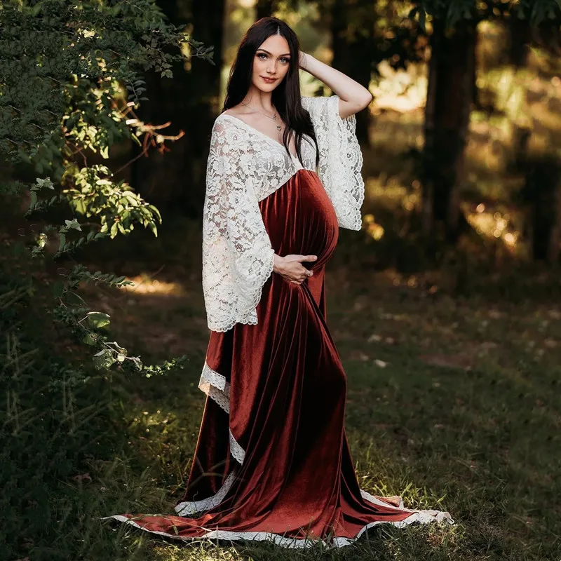 

Autumn Boho Velvet Maternity Photo Shoot Long Dresses Lace Bohemian Pregnant Woman Photography Maxi Gown Baby Shower Dress