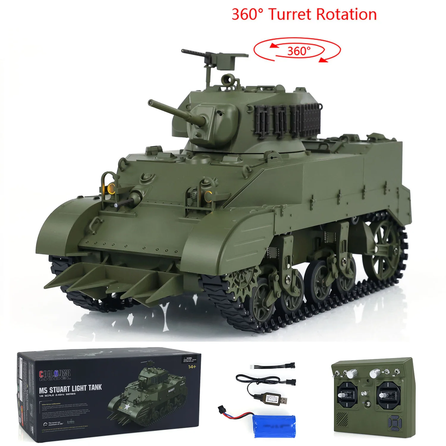 Green Plastic Ver 1/16 Scale RTR Tank US Stuart M5A1 British VI Light Tank High Speed Sound Lights