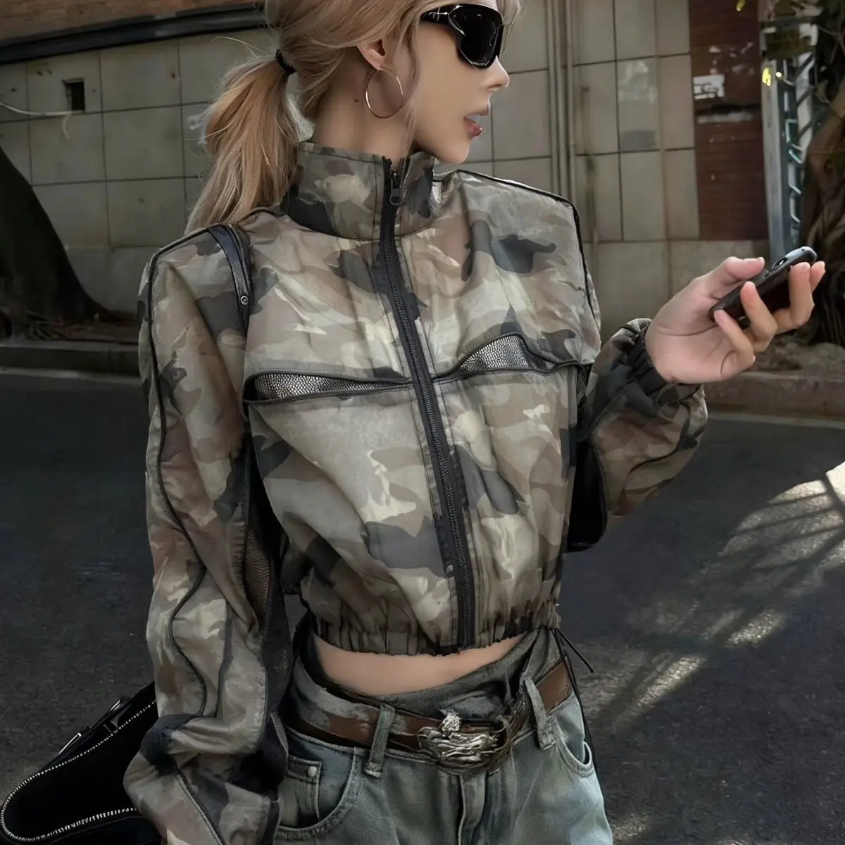 Women Shoujo Y2K Women Camo Mesh Patchwork Shirt Kawaii Aesthetic Harajuku Lightweight See-Through Cropped Jacket Top