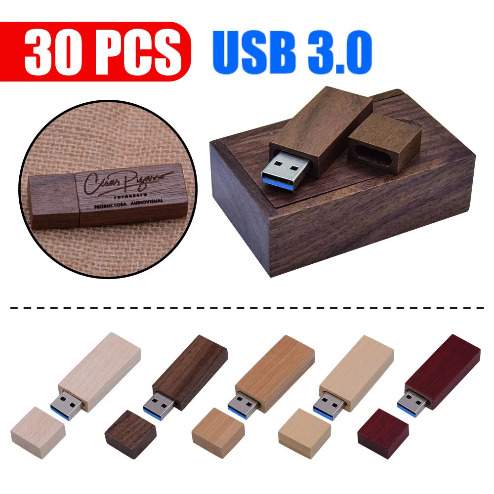 Flash Drive USB 3.0, 30 buah/lot kayu bambu 8 gb16 GB 32GB 64GB 128GB kecepatan tinggi gratis Logo untuk fotografi hadiah pernikahan