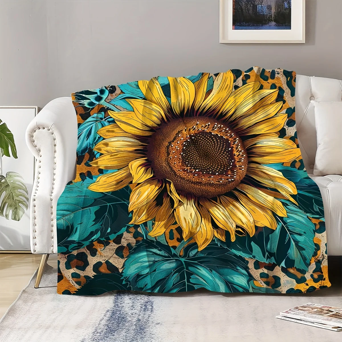 Mom Gift from Daughter Sunflower Leopard Cozy Throw Blanket, Sweet Couch Bed Warm Wrap for Nap, All Season Decor