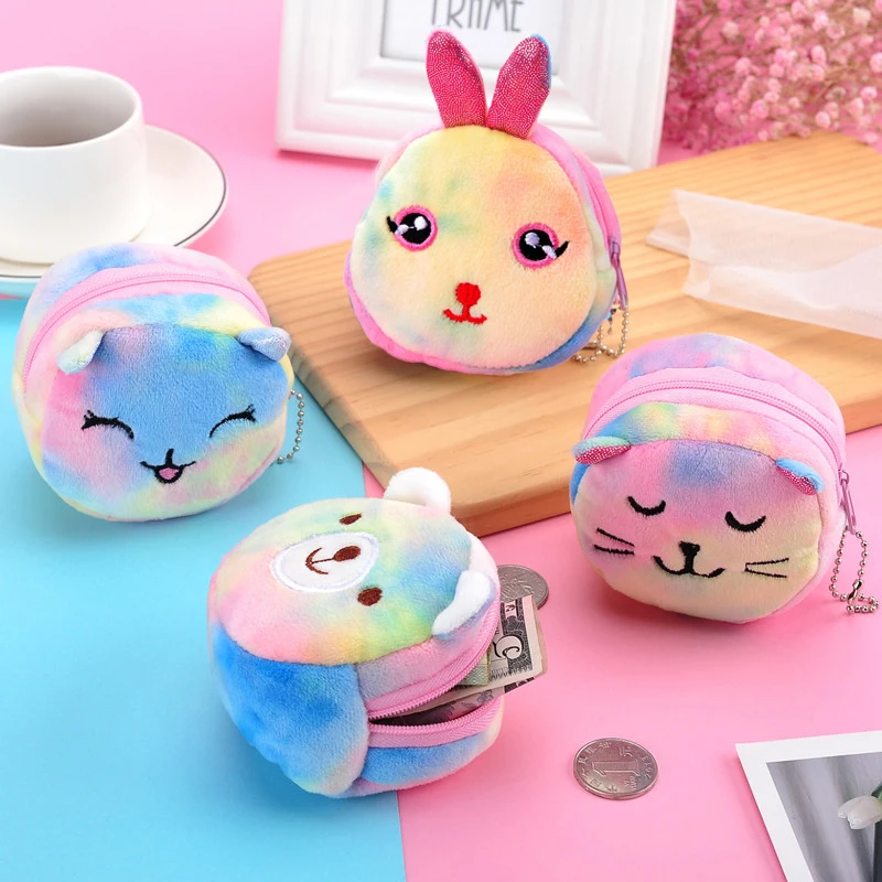 Cute Cartoon Plush Sheep Coin Purse Cat Fur Circle Wallet Girl Clutch Embroidered Bag Key Earphone Organizer Bags Kids Gift