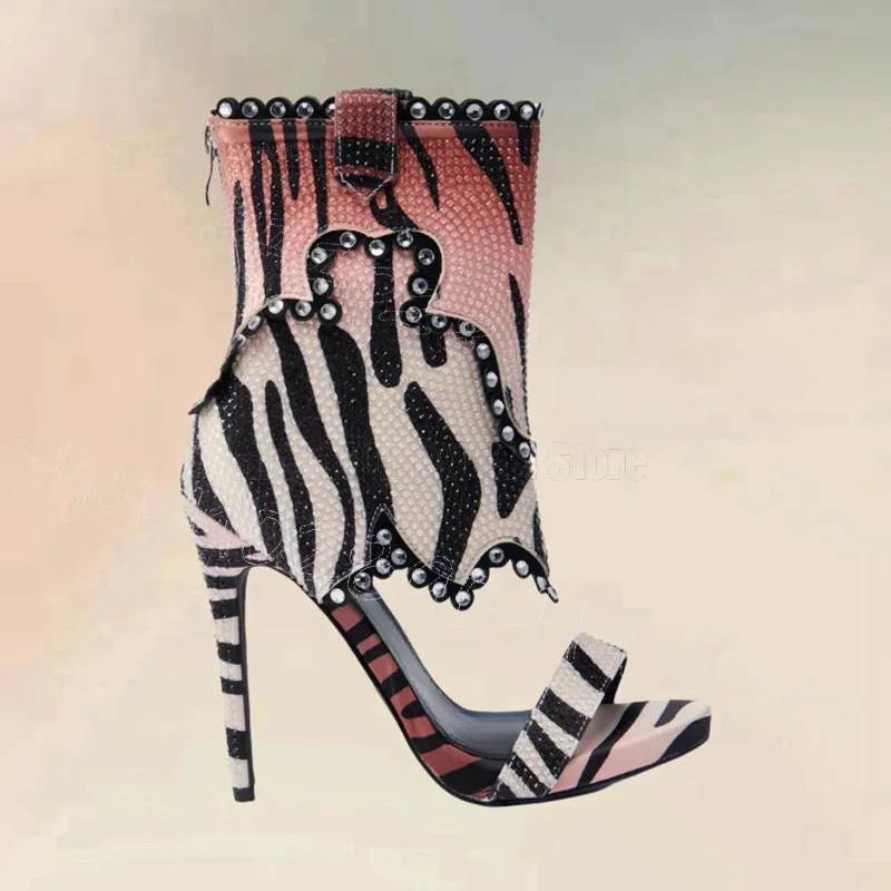 Zebra Print Rhinestone Decor Sandals Boots Back Zipper Women Shoes Thin High Heels Open Toe Novel Party 2025 Zapatos Para Mujere