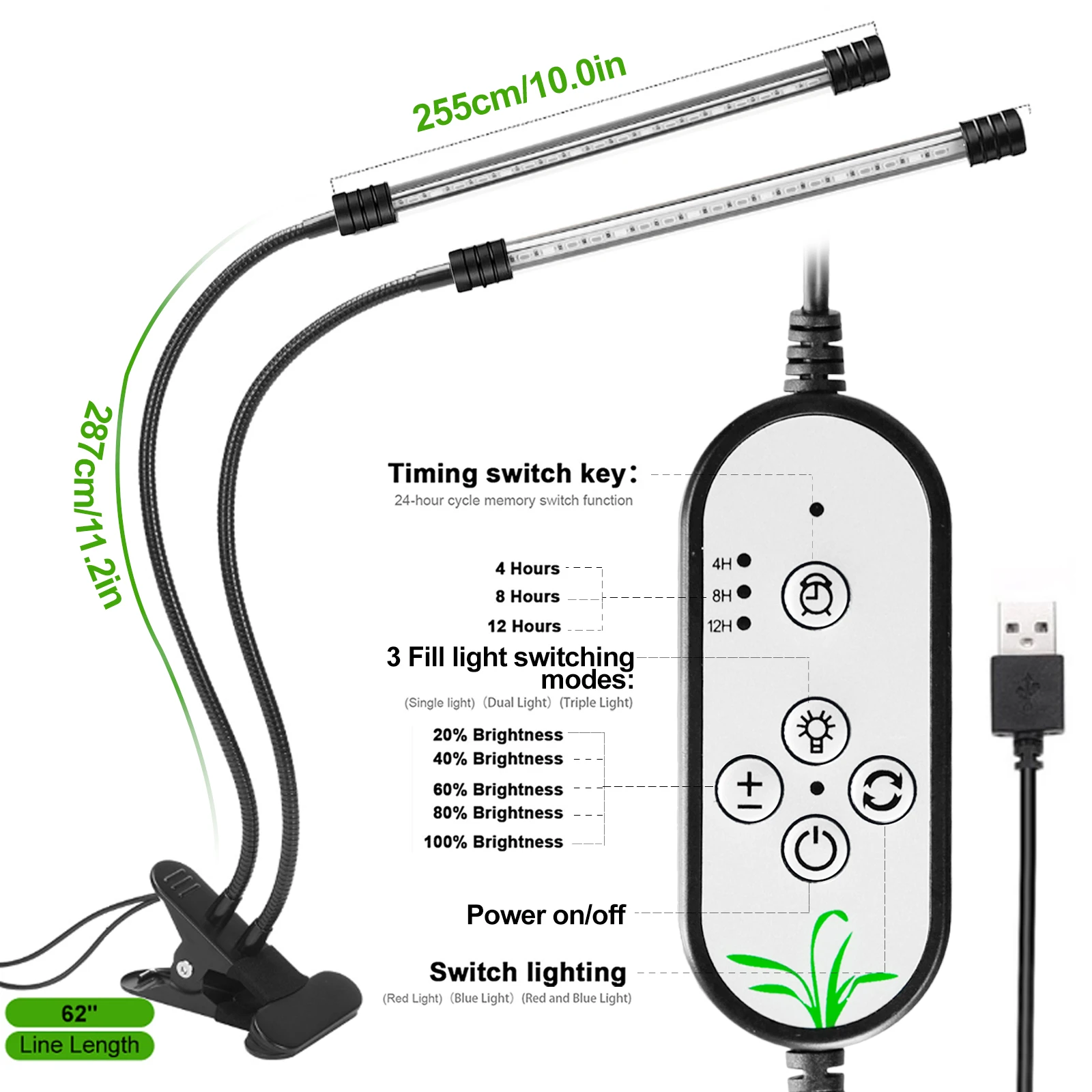 LED Plant Grow Light 2 Strip, Full Spectrum Growing Lamp w/ 3 Timers 5 Brightness Lighting Level, Clamp Type USB Planting Growth