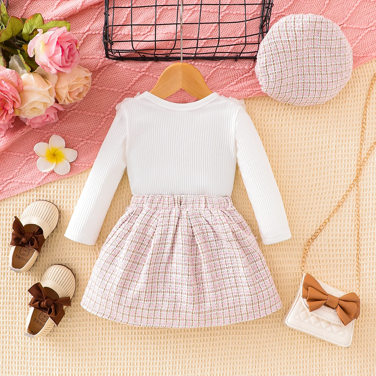 3 piece baby girl Fall fashion lace long sleeve bow dress + hat 3 piece set