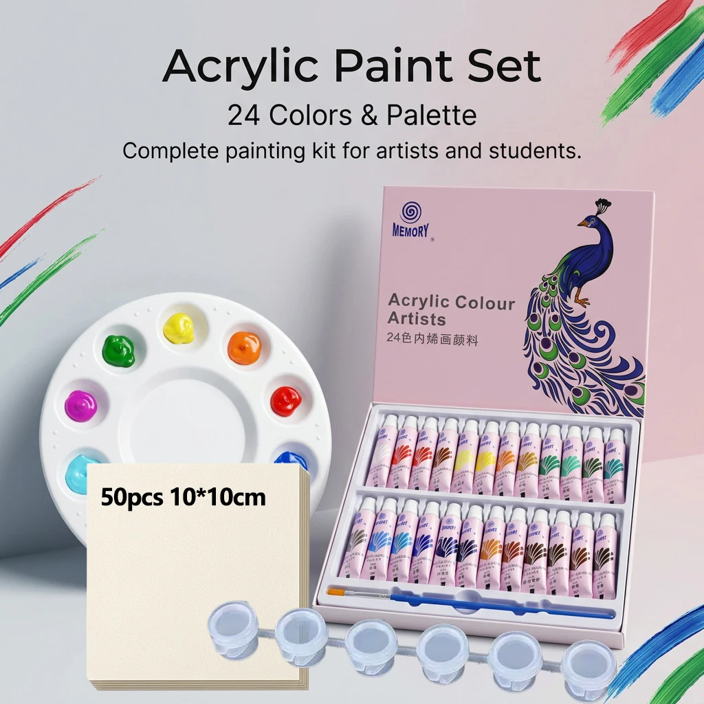 12/24 color 5ml acrylic painting paint + round palette + paint box + 10 sheets of 10*10cm watercolor paper.