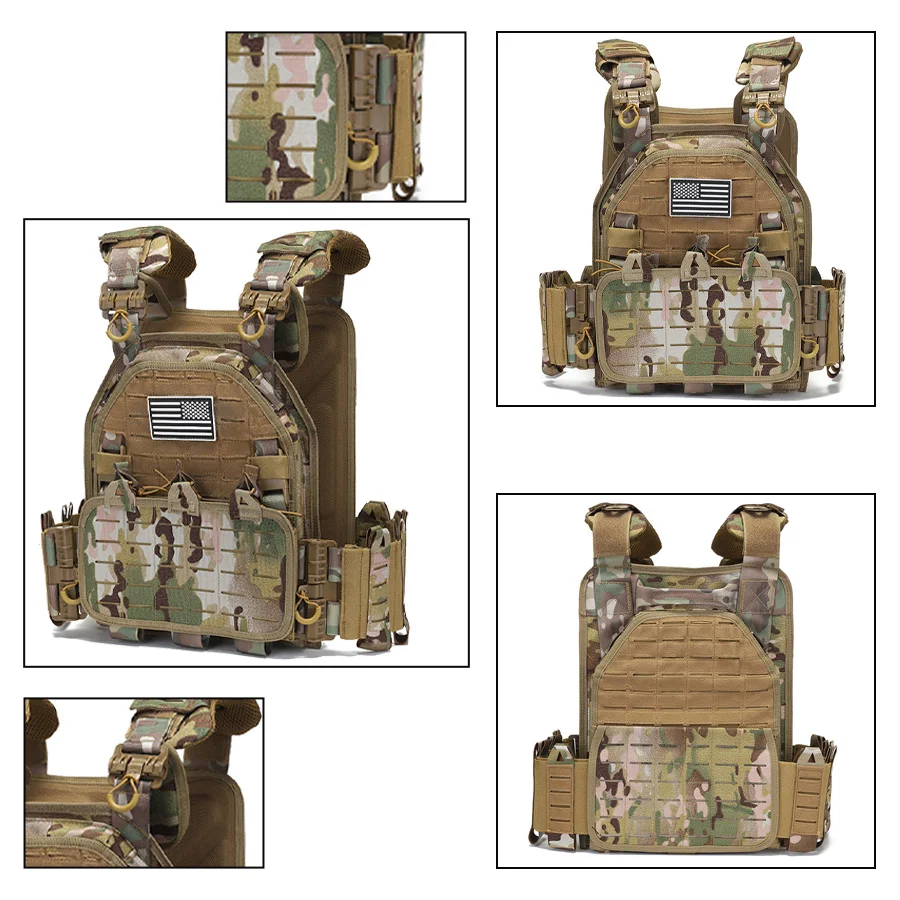 

Lightweight design hunting vest with hidden triple equipment bag in front, made of wear-resistant and tear resistant material
