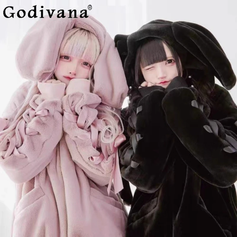 

Japanese Style Soft Girl Cute Plush Coat Autumn Winter Thickened Warm Jacket Women College Style Y2K Sweet Lace Coats