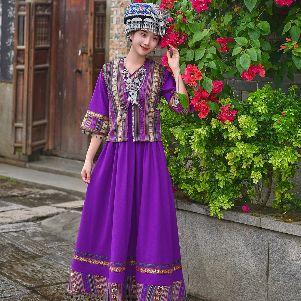 

Yunnan Guizhou Ethnic Minority Women's Clothing Dance Performance Outfit Cotton Traditional Costume Tai Yao Dong Tujia