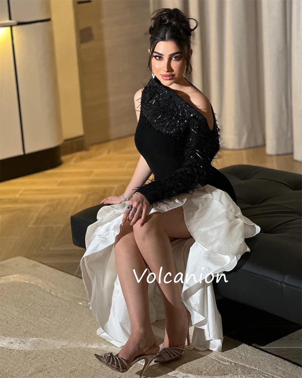 Customized Pastrol Charmeuse Pleat Sequined A-line Off-the-shoulder Midi Dresses Bespoke Occasion Exquisite