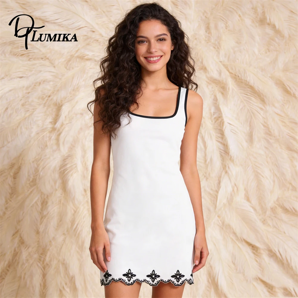 

White Ribbed Knit Mini Dress Contrast Black Trim Square Neck Sleeveless Floral Embroidered Hem Y2K Style Casual Date Outfit