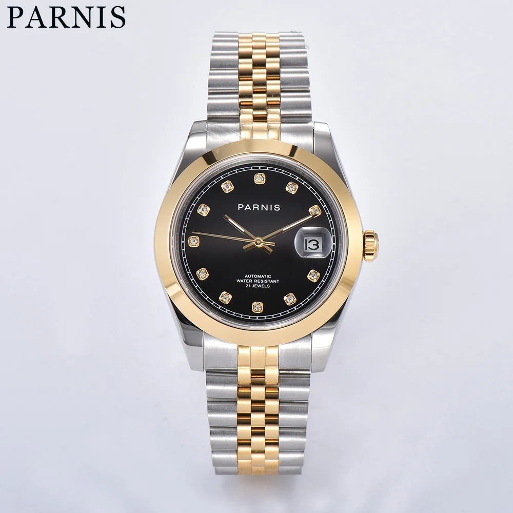 

Parnis 39.5mm Black Dial Stereosc Bezel Elegant Diamond Dial Sapphire Crystal Automatic Men Wristwatch