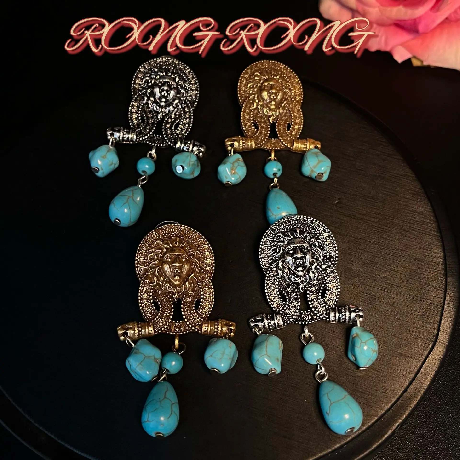 Qingdao Middle Ancient Egyptian Sphinx Turquoise Pendant Earrings European and American Heavy Works Exaggerated Ethnic Earrings