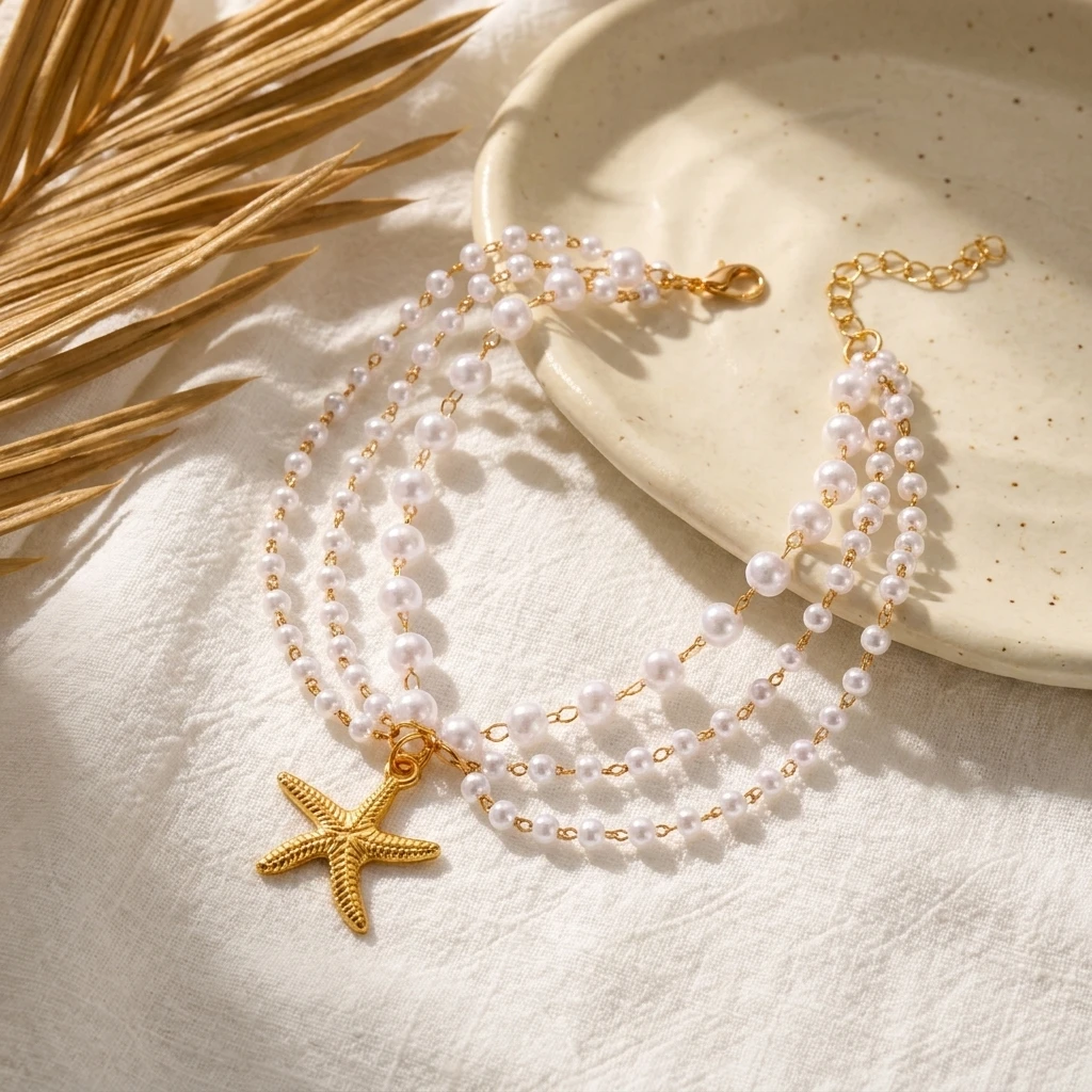 Böhmische Mehrschichtige Imitationsperlen-Quasten-Fußkettchen für Frauen Metall-Seestern-Anhänger Armband für das Bein Strand Barfuß-Schmuck – Detail 4