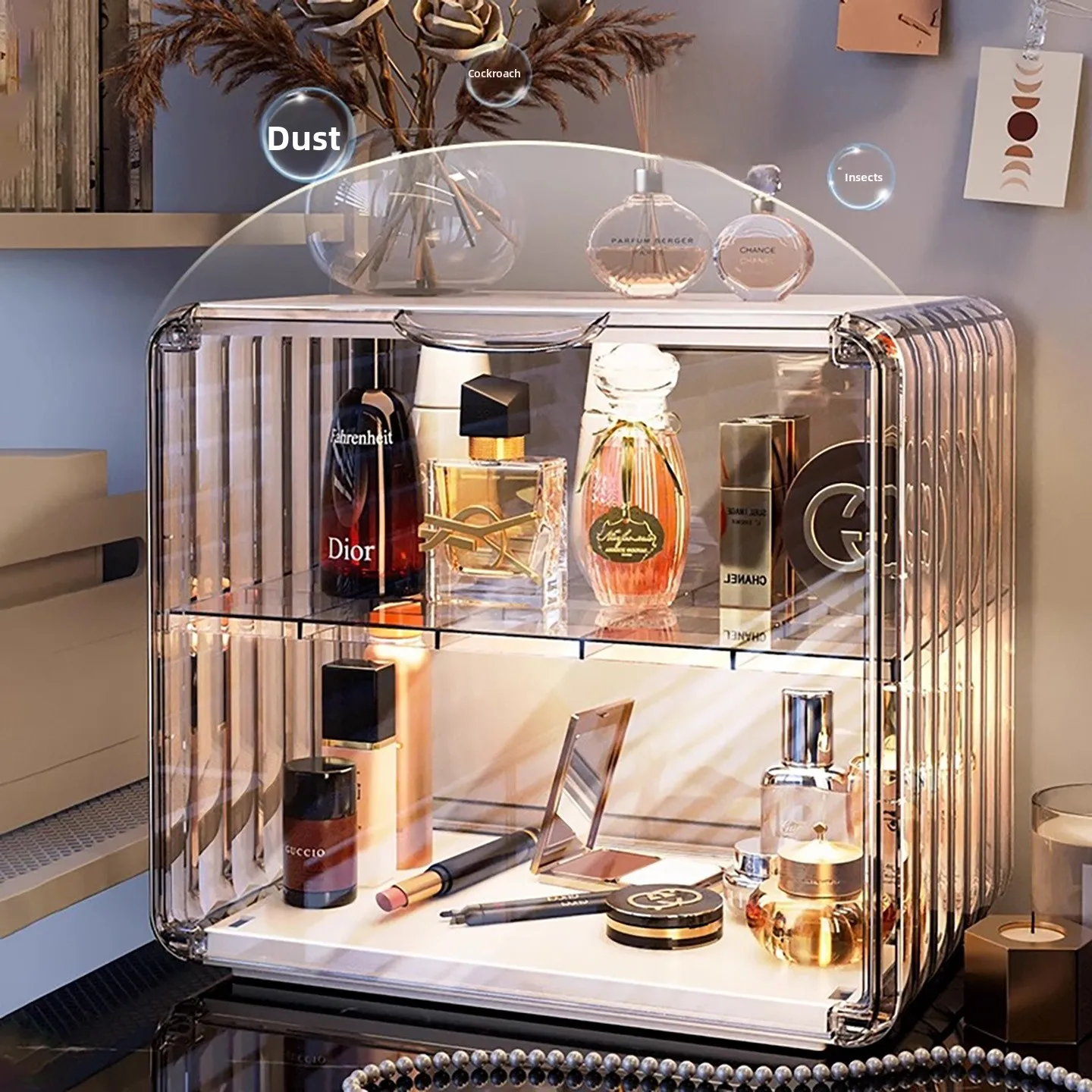 Acrylic Cosmetic Storage Box Dustproof Desktop Skincare Organizer Perfume Ra Rectangular Luxury Sle with Wheels for Bedroom