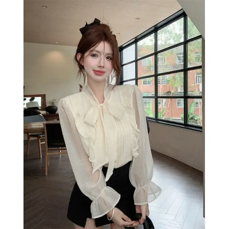 Elegant Unique Long Sleeve Chiffon Shirt Women's Slim Fit Shirt Beautiful Small Top for Ladies Autumn New Style French Style