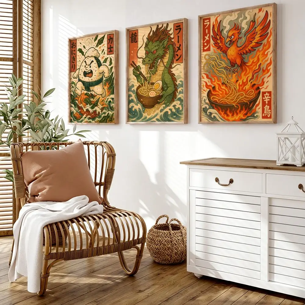 Retro Japanese Food Tempura Ramen Poster Wall Stickers HD Painting Self Adhesive Art Decals for Bedroom Living Room Home Decor