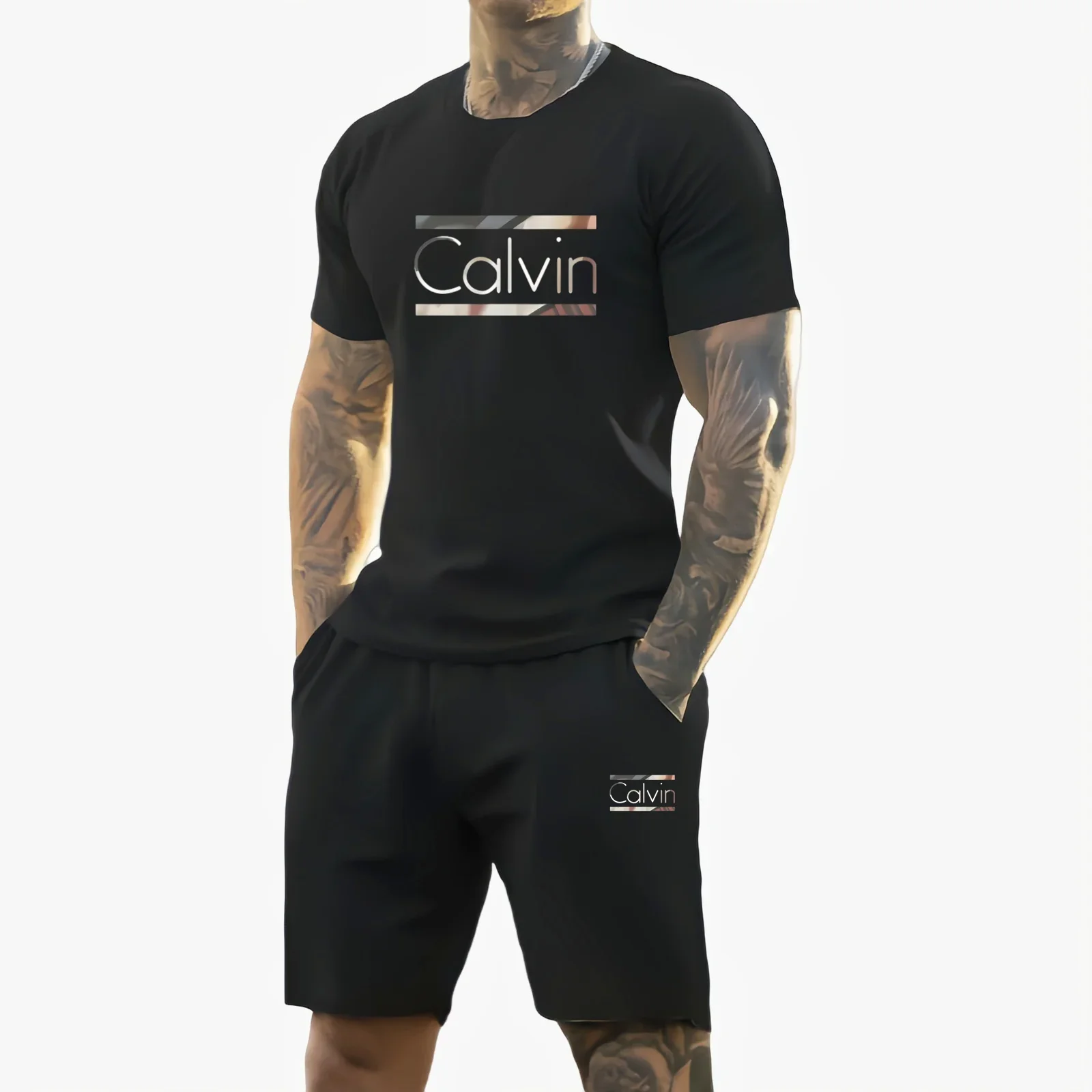 2025 summer new casual sports suit Fashion breathable outdoor men's short-sleeved T-shirt + training shorts two-piece set