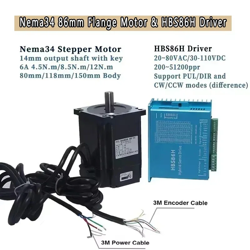 Nema34 86Mm Kit Motor Stepper Loop Tertutup dengan Encoder, 2PH 4.5/8.5/12Nm, 6A, Catu Daya 400W, Kit Driver Servo Langkah Mudah CNC