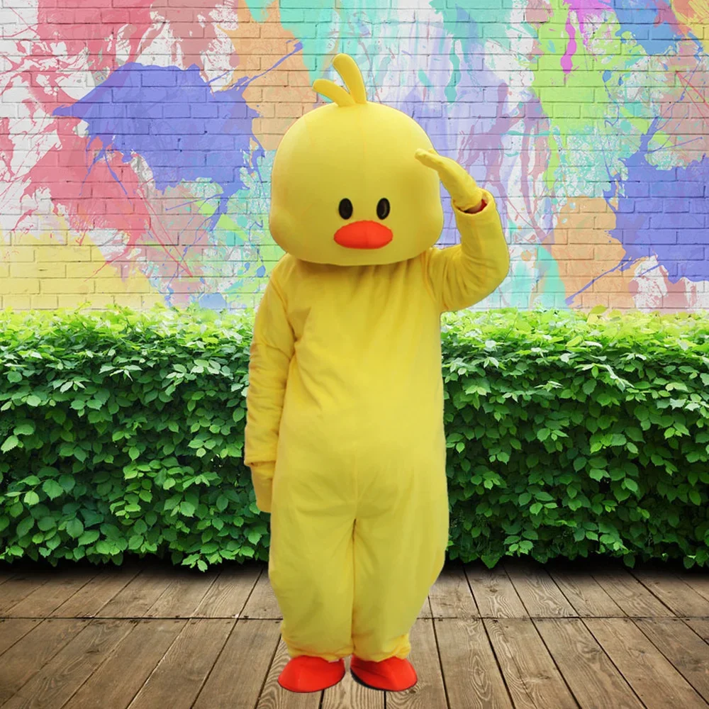 Pato dos desenhos animados mascote traje adulto vestindo grande pato amarelo roupas andando boneca adereços festa de halloween masquerade anime mostra