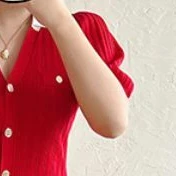 Woman Red V Neck Dress Metal Button Letter Knit Hollow out Elegant Party Fashion Dress for Women