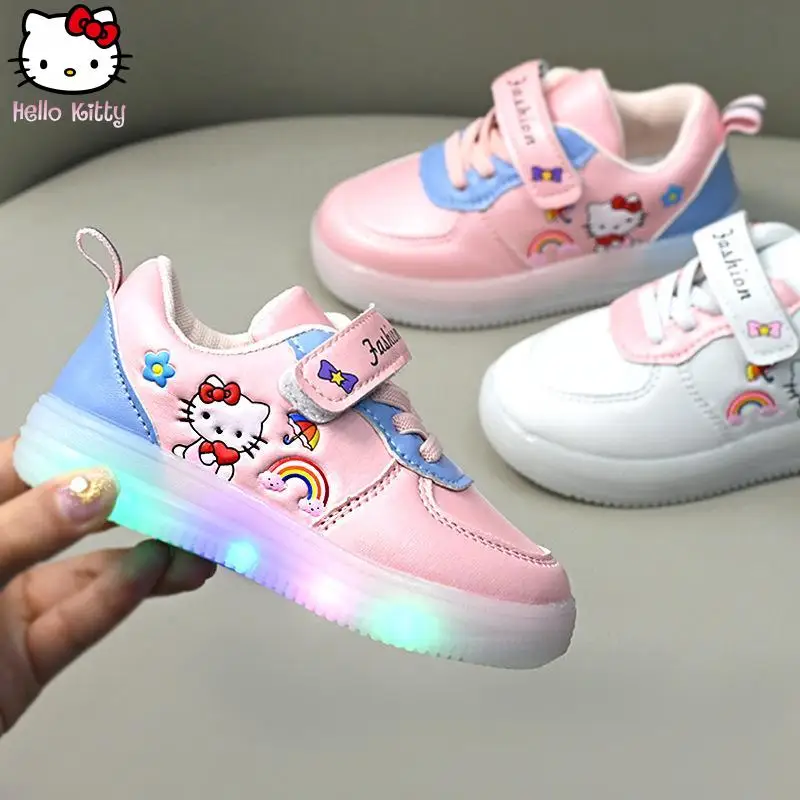 

Hellokitty Kuromi Girls Kawaii Cartoon Leather Electric Sneakers Anime Soft Sole Spring Autumn New Board Shoes Sanrio Fashion