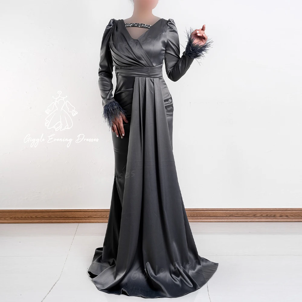 Giggle Beading and Feathers abiti da sera muslimagnades crafti, Luxury 2024, scollo a v, pieghe lunghezza del pavimento Royal elegant party gown women