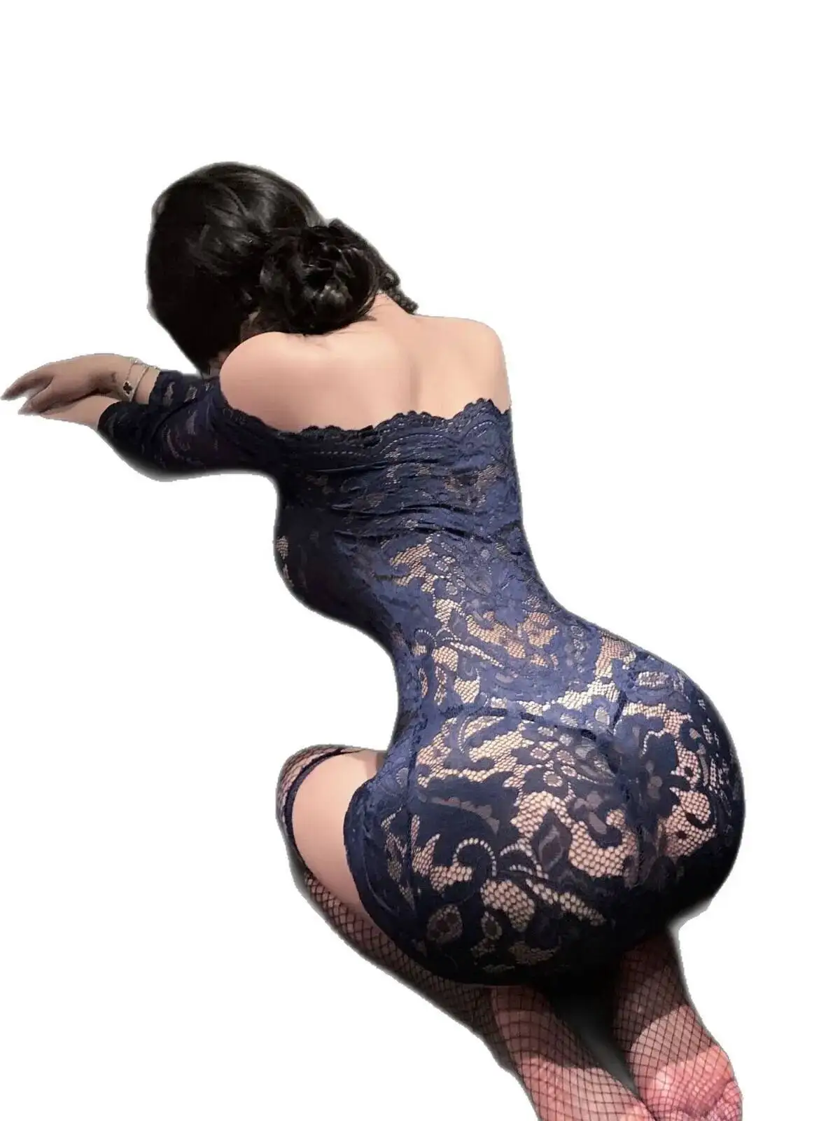 Blue Lace Bodycon Dress Casaul Uniform Sexy Off-Shoulder Sheer Secretary Slim Fit Slimming Off-the-shoulder Dress For Women N1H9