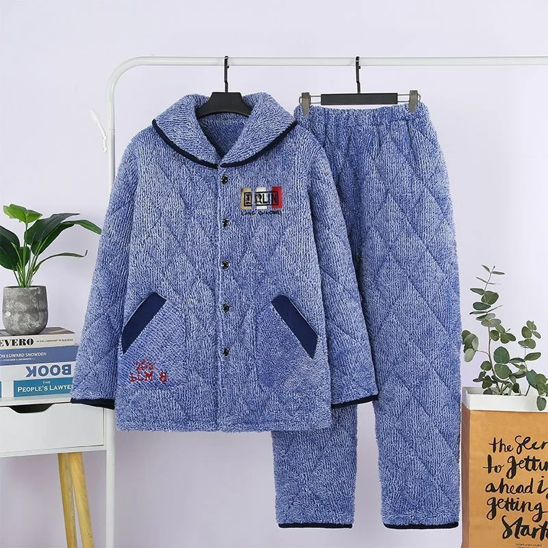 

Men's Winter Three Layer Thickened with Fleece Cotton Flannel Blue Middle-aged and Elderly Loose Large Size Home Wear Comfort