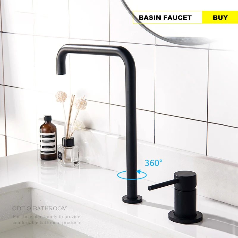 Vidric Vidric Matte Black Basin Faucets 2 Holes Single Handle Hot Cold Water Mixer Tap Deck Mounted 360 Rotation Basin Sink Fauc